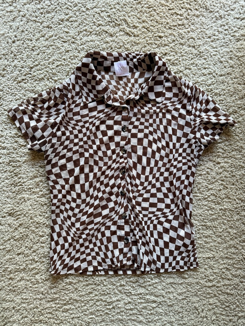 Brown and White Checkered Mesh Button Down Shirt